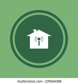 The house is surrounded by a network wi-fi on green background, vector, 10 EPS