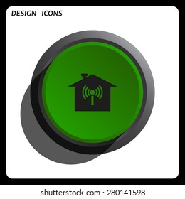 The house is surrounded by a network wi-fi. icon. vector design Green Start button, forward, to continue. Flat design style.