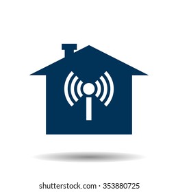 The house is surrounded by a network wifi icon, vector illustration. Flat design style