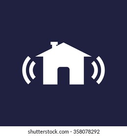 The house is surrounded by a network wifi icon, vector illustration. Flat design style