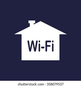 The house is surrounded by a network wifi icon, vector illustration. Flat design style
