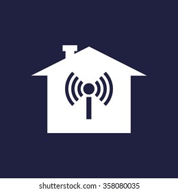 The house is surrounded by a network wifi icon, vector illustration. Flat design style