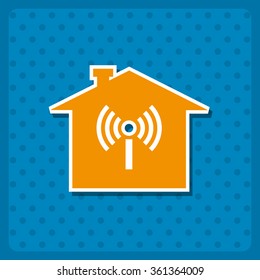 The house is surrounded by a network wifi icon, vector illustration. Flat design style