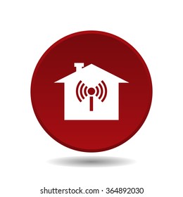 The house is surrounded by a network wifi icon, vector illustration. Flat design style