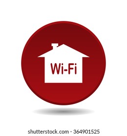 The house is surrounded by a network wifi icon, vector illustration. Flat design style