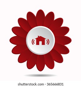 The house is surrounded by a network wifi icon, vector illustration. Flat design style