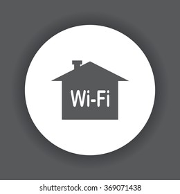 The house is surrounded by a network wifi icon, vector illustration. Flat design style