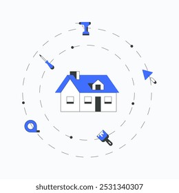 Casa rodeada de herramientas de reparación en Ilustración vectorial plana que simboliza mejoras para el hogar, proyectos de bricolaje y renovación, aislada sobre fondo blanco.