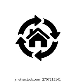 Casa rodeada de flechas giratorias representa el ciclo de bienes raíces o mejoras para el hogar