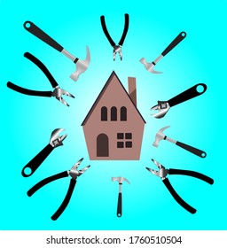 A house surrounded by tools,home improvement conceptual art