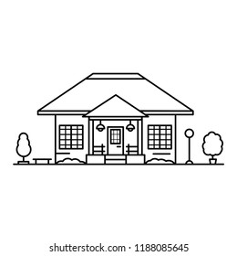house surrounded by trees, bench and lantern in linear style on white background