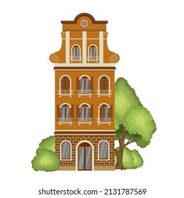 House surrounded by trees and bushes. Authentic european historical building. Amsterdam, Netherlands architecture. Vector illustration