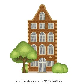 House surrounded by trees and bushes. Authentic european historical building. Amsterdam, Netherlands architecture. Vector illustration