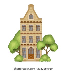 House surrounded by trees and bushes. Authentic european historical building. Amsterdam, Netherlands architecture. Vector illustration