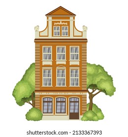 House surrounded by trees and bushes. Authentic european historical building. Amsterdam, Netherlands architecture. Vector illustration