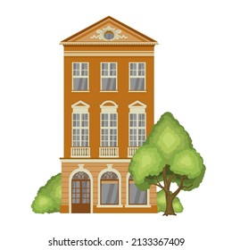 Casa rodeada de árboles y arbustos. Auténtico edificio histórico europeo. Ámsterdam, arquitectura holandesa. Ilustración del vector