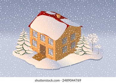 The house is surrounded by trees in winter 3D