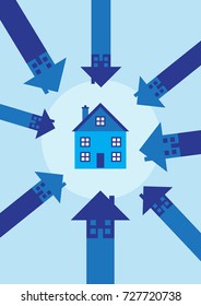 A house surrounded and put in focus by pointing arrows. A vector illustration on the property market.