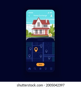 House swap smartphone interface vector template. Reciprocal exchange. Property view. Safe way to travel. Mobile app page design layout. Home sharing screen. Flat UI for application. Phone display