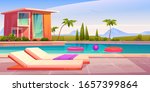 House and swimming pool with deck chairs on poolside and balls in water. Vector cartoon summer landscape with villa, basin on lawn, palms and mountains on background