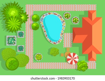 House with swimming pool and garden top view. Villa with lawn, bushes and footpaths flat vector illustration. Layout, courtyard concept.