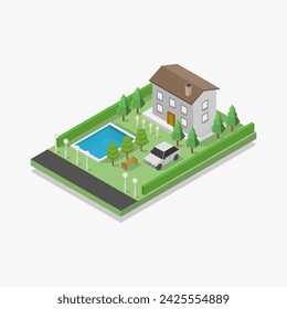 Casa con piscina isométrica ilustrada en vector