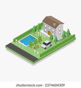 House with swimming pool isometric in vector on background
