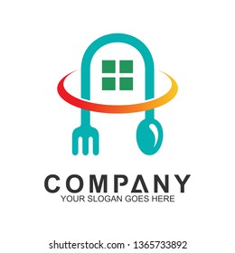 House With Swoosh, Spoon And Fork Logo Template, Vector Kitchen, Home Kitchen Logo