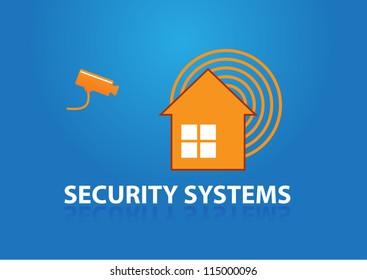 house with symbol alarm and text security systems, security camera