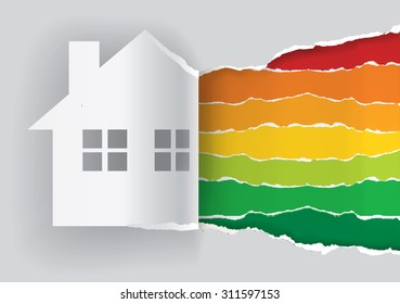 House symbol with Energy performance scale. Illustration of ripped paper Energy performance scale with paper house symbol. Vector available.	