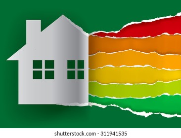 House symbol with Energy performance scale. Illustration of ripped paper Energy performance scale with paper house symbol. Vector available.	