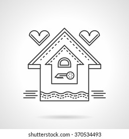 House symbol with hearts and key. Family mortgage. Rent of property. Real estate. Vector icon flat thin line style. Element for web design, business, mobile app. 