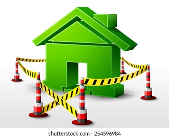 House symbol located in restricted area. Home sign surrounded barrier tape. Vector illustration about architecture, building, real estate, construction, development, renovation, housing, etc