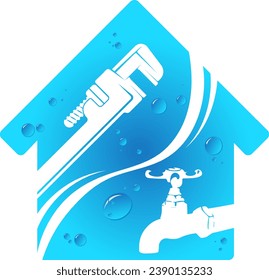 House symbol, wrench and water tap. Design for plumbing repair and service