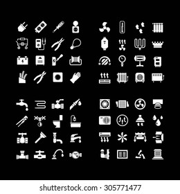 House system icons. Set of icons of electricity, heating, plumbing, ventilation isolated on black. Vector illustration