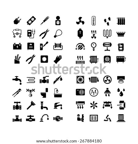 House system icons. Set icons of electricity, heating, plumbing, ventilation isolated on white. Vector illustration