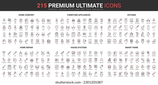 House systems for comfort, smart home thin line red black icons set vector illustration. Abstract symbols modern furniture and kitchen appliances, repair equipment simple design for mobile, web apps