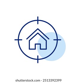 Casa en blanco. Búsqueda precisa de una propiedad específica. Negocios inmobiliarios. Icono de trazo perfecto y editable del píxel