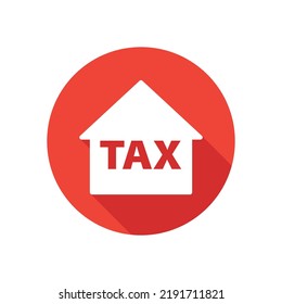 House tax flat icon, round button, long shadow style.