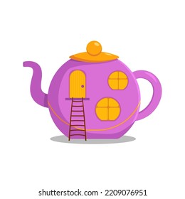 A house in a teapot. Fantastic magic concept. Vector illustration isolated on white background