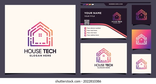 Logo für Haustechnologie mit modernem, einzigartigem linearen Stil und Visitenkartendesign Premium Vektorgrafik