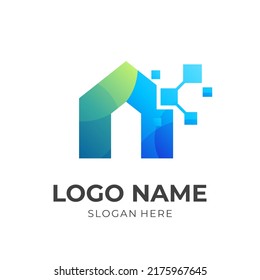 House Of Technology Logo Template, House And Pixel Combination Logo, With 3d Blue And Green Color Style