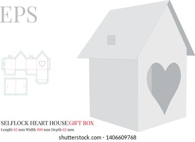 House Template, Vector with die cut / laser cut layers. Paper House with heart door. White, clear, blank, isolated Paper House mock up isolated on white background. Self lock packaging, without glue