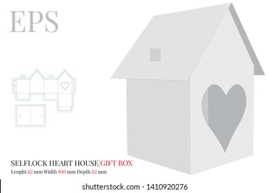 House Template, Vector with die cut / laser cut layers. Paper House with heart door. White, clear, blank, isolated Paper House mock up isolated on white background. Self lock packaging, without glue