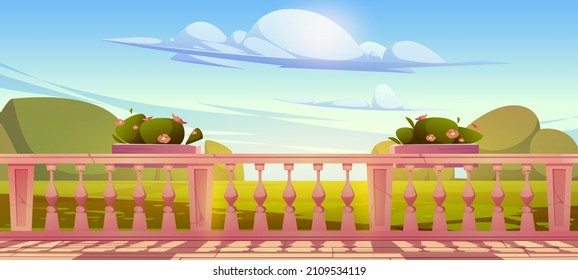 House terrace, balcony with white marble balustrade and flowers in pots. Vector cartoon illustration of empty building veranda, banister with pillars in classic style and garden landscape