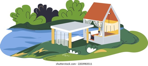 House with terrace by lake, isolated eco resort for resting. Building with terrace for relaxing. Home by lake and forest with bushes, river water mass and green grass nature. Vector in flat style