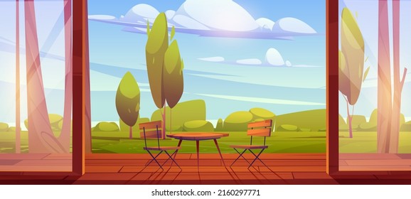 House terrace with chairs, table and glass doors. Vector cartoon illustration of summer garden or backyard landscape with green grass, trees and empty cottage veranda with wooden floor