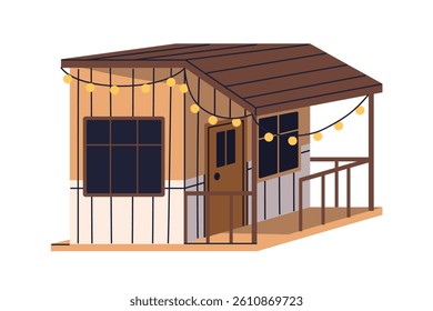 House with terrace. Home, wooden country hut. Cozy wood cabin, little cottage. Countryside shelter, shed with garland. Rural retreat chalet. Flat vector illustration isolated on white background