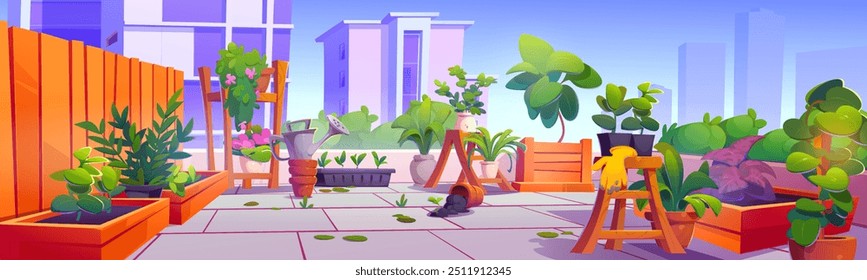 Terraço da casa no telhado com jardim. Vetor de desenhos animados de varanda no telhado de arranha-céu da cidade com plantas com folhas verdes e flor de flor em pote e ferramentas de jardinagem no fundo de edifícios da cidade.