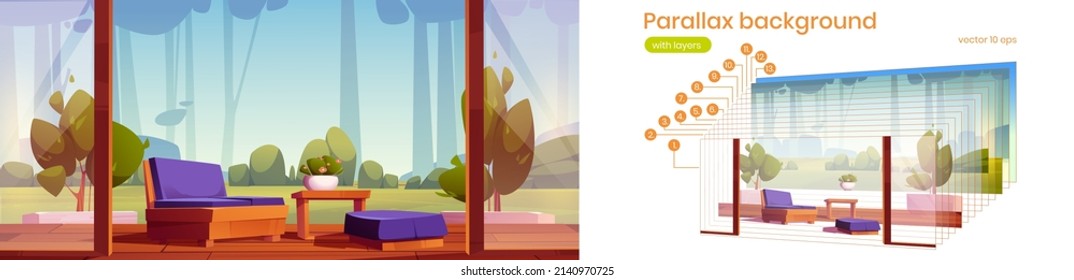 House terrace with table, couch and view to garden. Vector parallax background ready for 2d animation with cartoon illustration of wooden veranda and forest or park landscape with trees